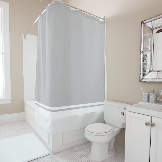 Modern Refined White Racing Stripes On Light Grey Shower Curtain (In Situ)