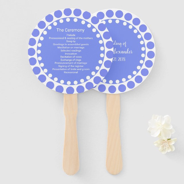 Modern Regency Blue Dots Wedding Program Fan (Front and Back)