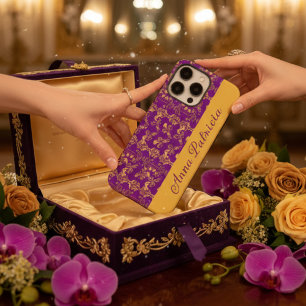 Modern Regency Purple Gold Damask Floral Name iPhone 16 Pro Max Case