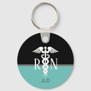 Modern Registered Nurse Caduceus Monogrammed Teal Key Ring