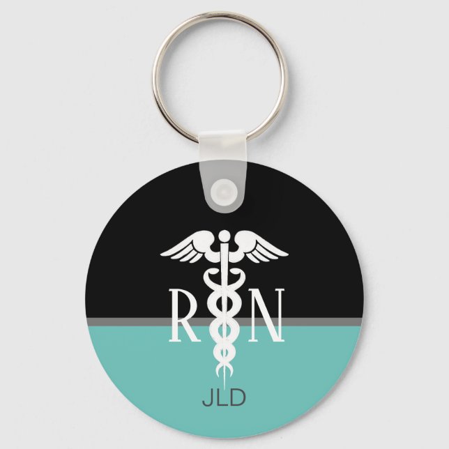 Modern Registered Nurse Caduceus Monogrammed Teal Key Ring (Front)