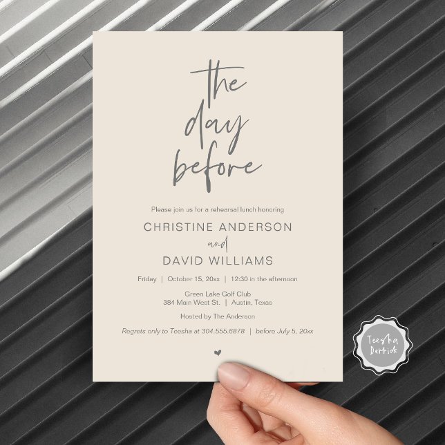 Modern Rehearsal Lunch, The day before Invitation (The day before, Wedding Rehearsal Lunch Invitation Card, Modern Minimalist Script, Grey Cream)