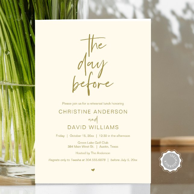 Modern Rehearsal Lunch, The day before Invitation (The day before, Wedding Rehearsal Lunch Invitation Card, Modern Minimalist Script, Classy Gold)