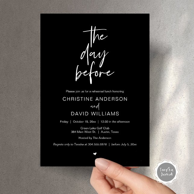 Modern Rehearsal Lunch, The day before Invitation (The day before, Wedding Rehearsal Lunch Invitation Card, Modern Minimalist Script, Classy Black)