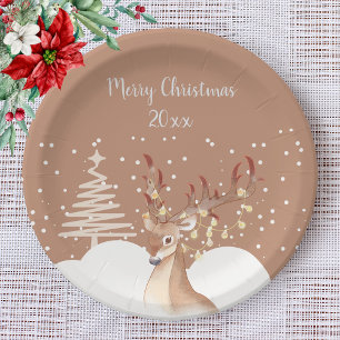 Modern Reindeer Christmas Party Brown Paper Plate