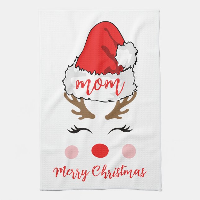 Modern Reindeer Santa Hat Merry Christmas Mum  Tea Towel (Vertical)