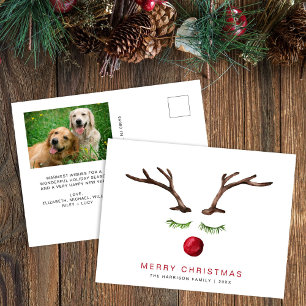 Modern Reindeer Watercolor Photo Merry Christmas Holiday Postcard