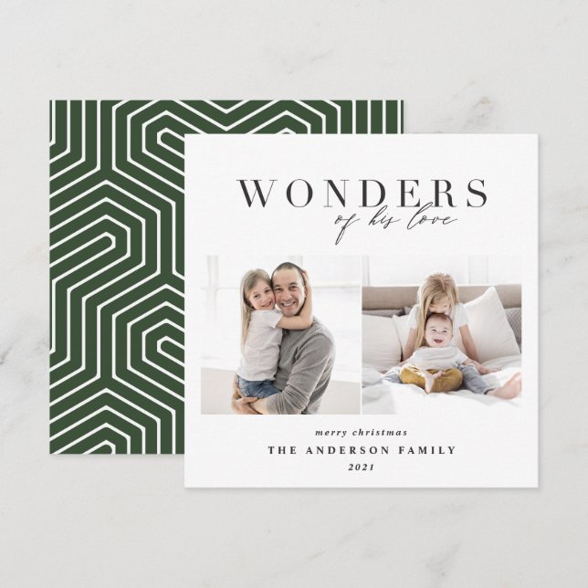 Modern religious 2 photo Christmas green geometric Holiday Card (Front/Back)