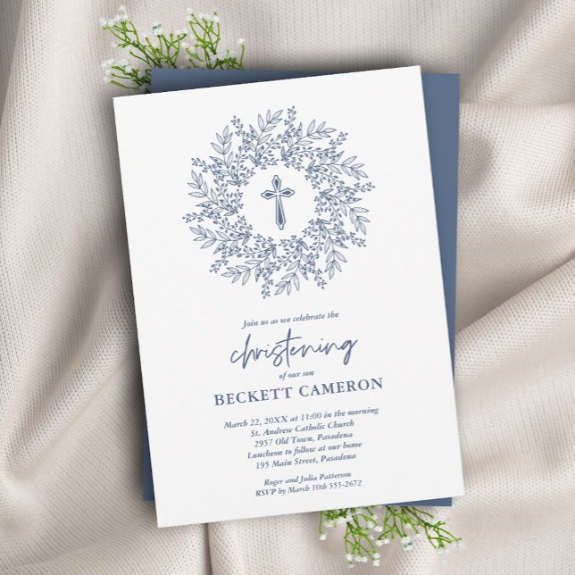 Modern Religious Blue Cross Christening Invitation (Creator Uploaded)