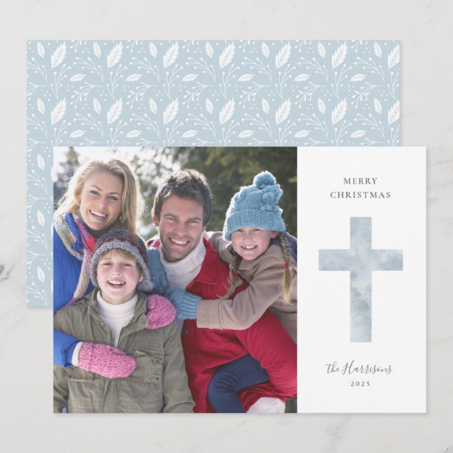 Modern Religious Christmas Cross Photo Holiday Card (Front/Back)