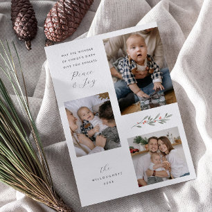 Modern Religious Christmas Greenery Multi Photo Holiday Card