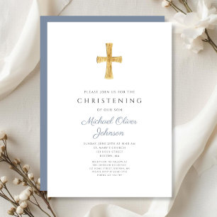 Modern Religious Cross Dusty Blue Christening Invitation