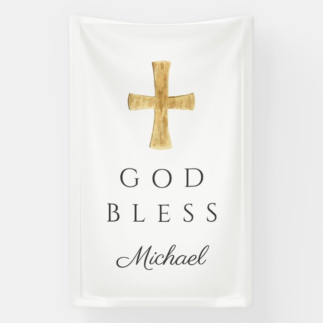 Modern Religious Cross God Bless Banner (Vertical)