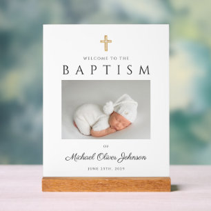 Modern Religious Cross Photo Boy Baptism Welcome Acrylic Sign