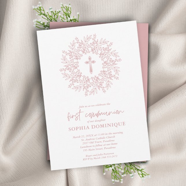Modern Religious Pink Cross First Communion Invitation (Creator Uploaded)