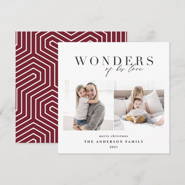 Modern religious red geometric 2 photo Christmas Holiday Card (Front/Back)