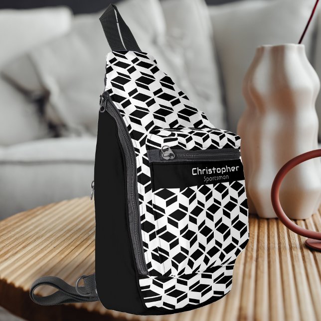 Modern Repeat Pattern Black White Sling Bag (Modern Geometry Design.)