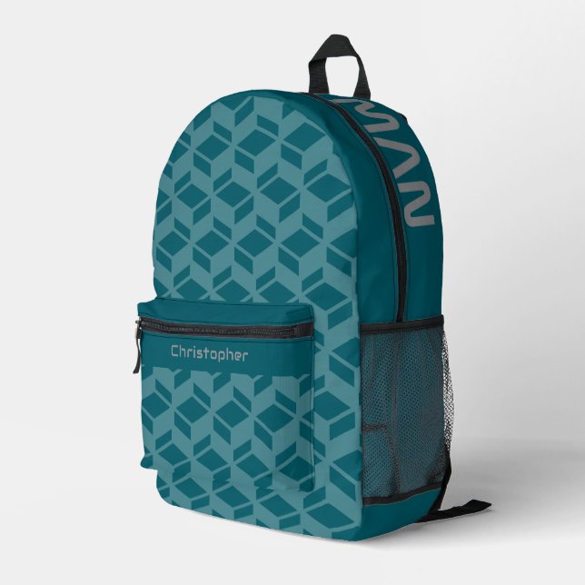 Modern Repeat Pattern Teal Printed Backpack (Back Corner Right)