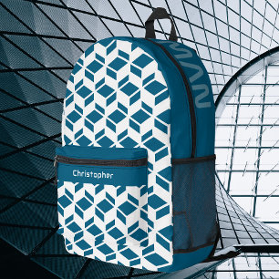 Modern Repeat Pattern White Teal Printed Backpack