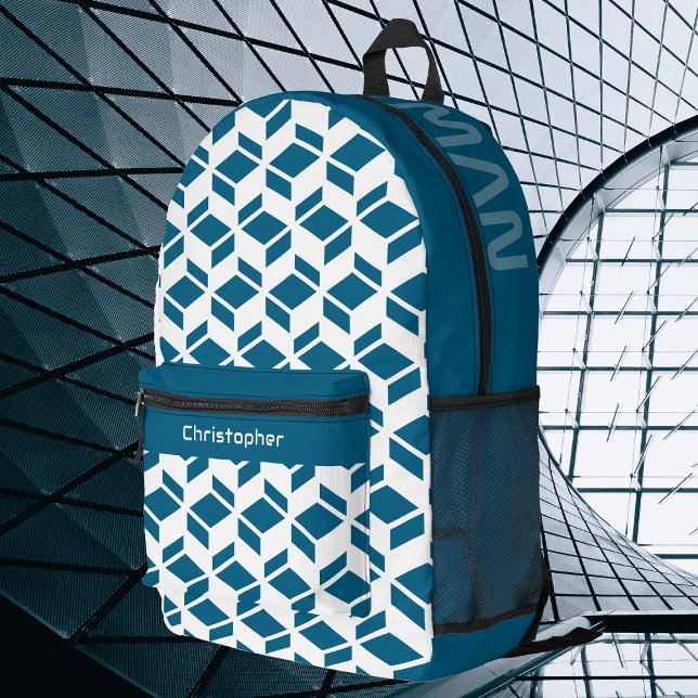 Modern Repeat Pattern White Teal Printed Backpack (Modern stylish design.)