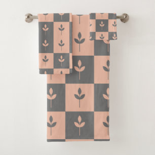 Modern repeating leaf pattern pink and grey bath towel set