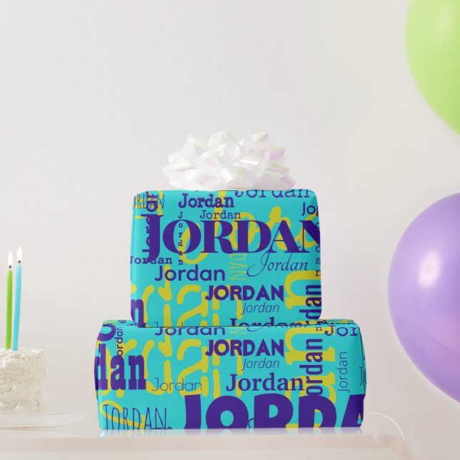 Modern Repeating Name Blue Purple Yellow Trendy Wrapping Paper (Party Gifts)