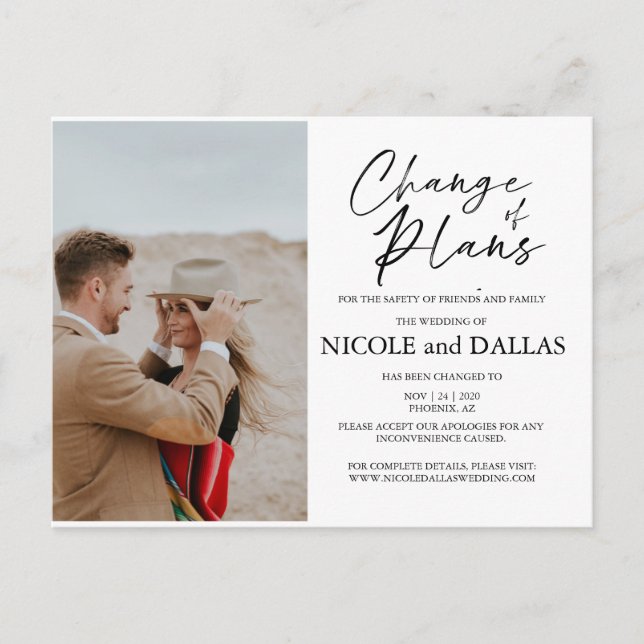 Modern Rescheduled Wedding Change of Plans DateR Postcard (Front)