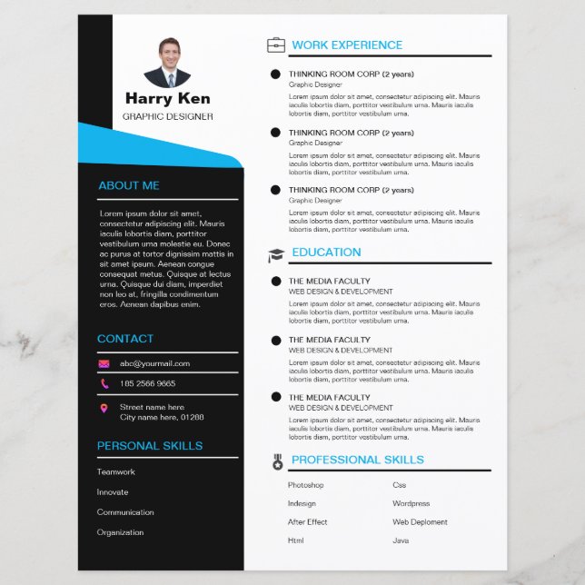 Modern Resume Template Customisable Photo Blue CV (Front)