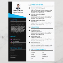 Modern Resume Template Customisable Photo Blue CV