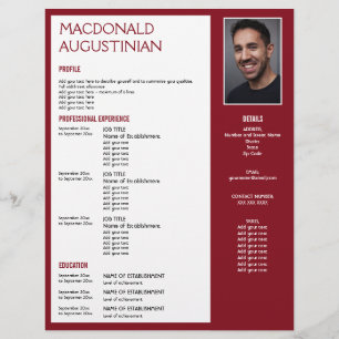 Modern RESUME TEMPLATE Customisable Photo BURGUNDY Custom Letterhead