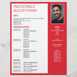 Modern RESUME TEMPLATE Customisable Photo RED Custom Letterhead