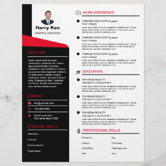 Modern Resume Template Customisable Photo RED CV Custom Letterhead