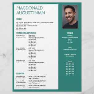 Modern RESUME TEMPLATE Customisable Photo TEAL Custom Letterhead