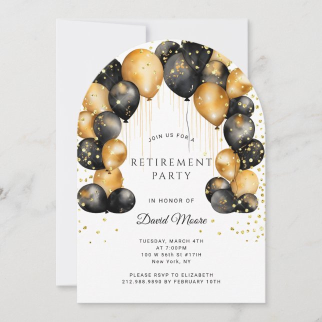Modern Retirement Party Black Gold White Invitation (Front)