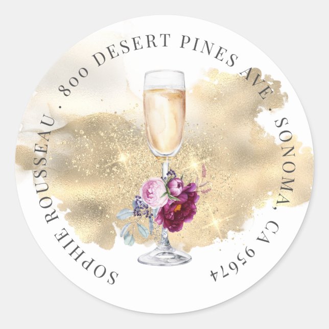 Modern Retirement Party Champagne Glitter Address Classic Round Sticker (Front)