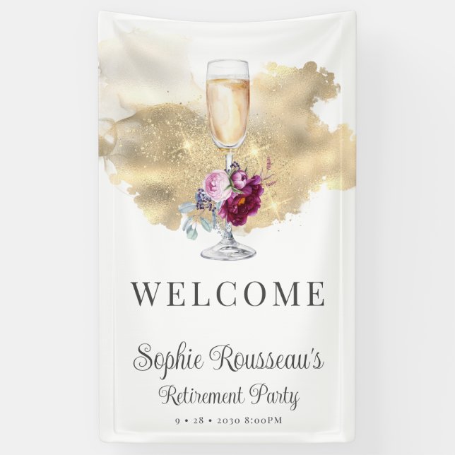 Modern Retirement Party Champagne Glitter Welcome Banner (Vertical)