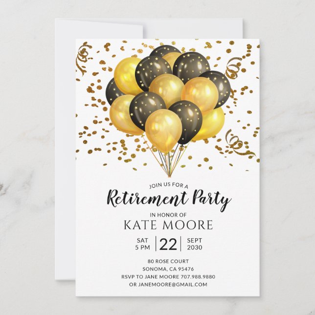 Modern Retirement Party Gold Black Balloons Announ Invitation (Front)