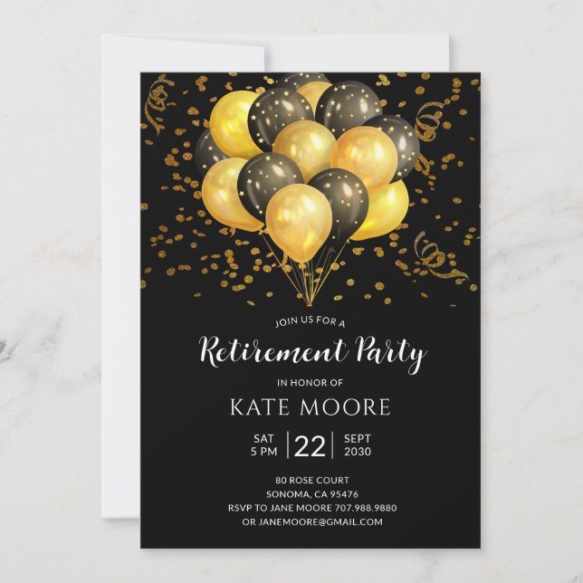 Modern Retirement Party Gold Black Balloons Black Invitation (Front)
