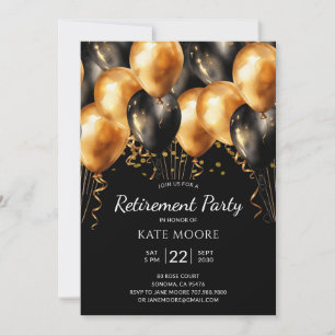 Modern Retirement Party Gold Black Balloons Black Invitation