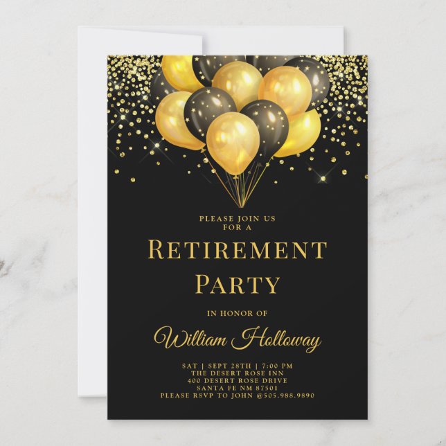 Modern Retirement Party Gold Black Balloons Black Invitation (Front)
