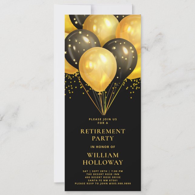 Modern Retirement Party Gold Black Balloons Black Invitation (Front)