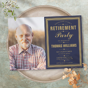 Modern Retirement Party Navy Blue And Gold Photo Invitation
