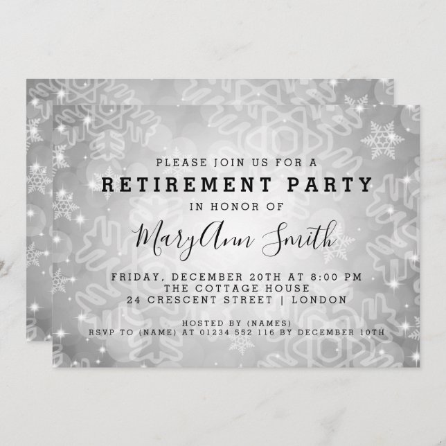 Modern Retirement Party Silver Winter Bokeh Lights Invitation (Front/Back)