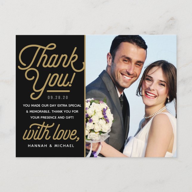 Modern Reto Gold Thank You Wedding Photo Postcard (Front)