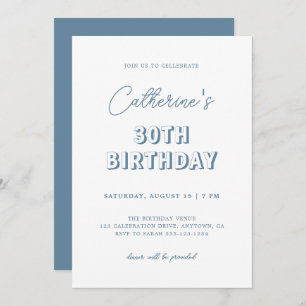 Modern Retro 30th Birthday Party Dusty Blue Invitation