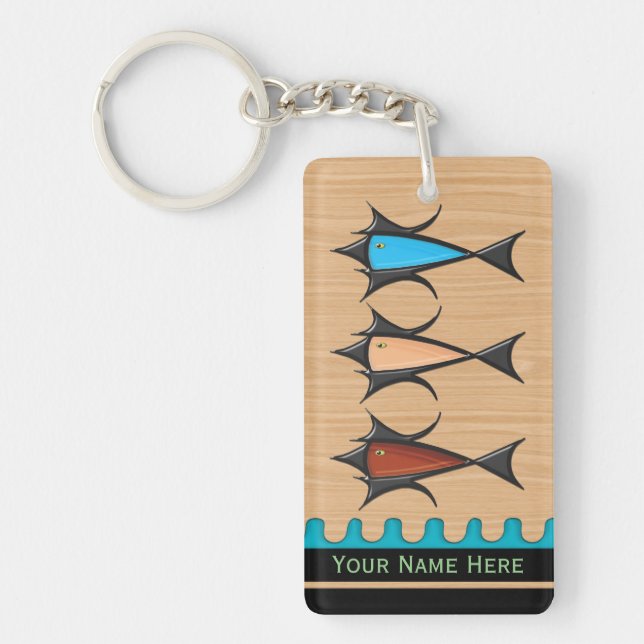 Modern Retro - 3 Fish on Cherry Wood Personalised Key Ring (Front)