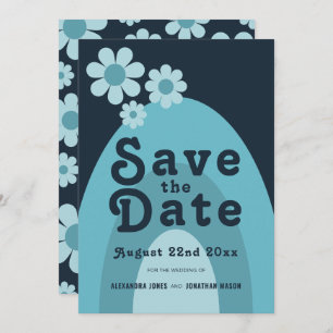 Modern Retro 70s Blue Wedding Save The Date