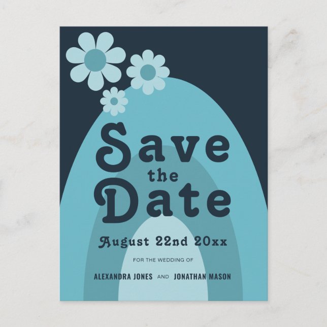 Modern Retro 70s Bold Blue Wedding Invitation Postcard (Front)