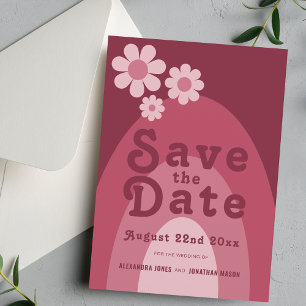Modern Retro 70s Burgundy Pink Wedding Save The Date