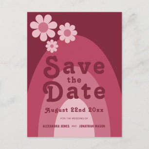 Modern Retro 70s Burgundy Wedding Invitation Postcard
